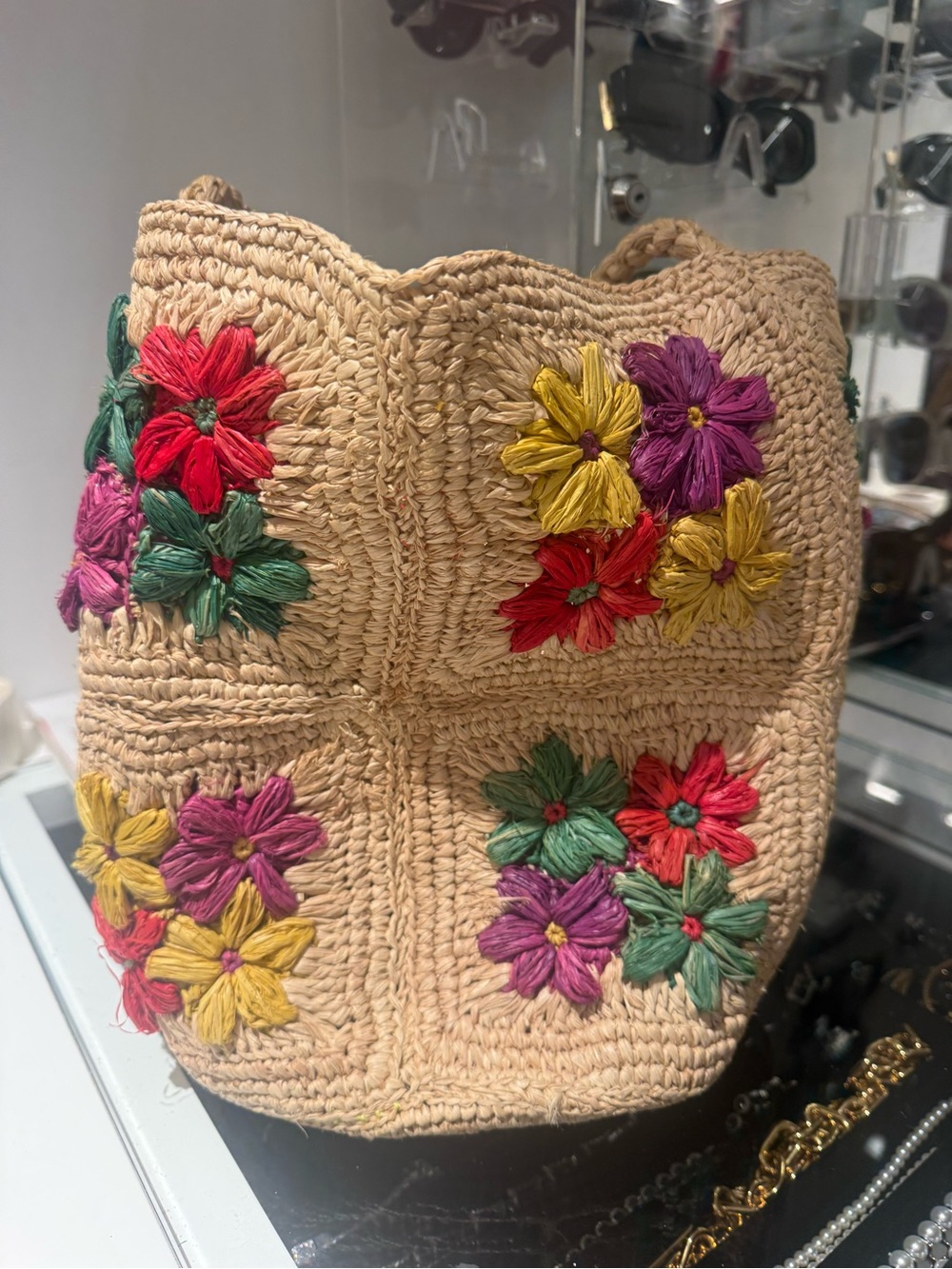 Handmade Woven Straw Tote Bag Floral Raffia Beach Market Boho Vacation Bag